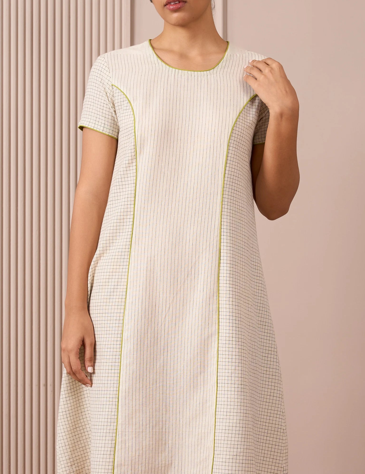 Handloom Black & White Princess-Line Dress in Check and Stripe Weave