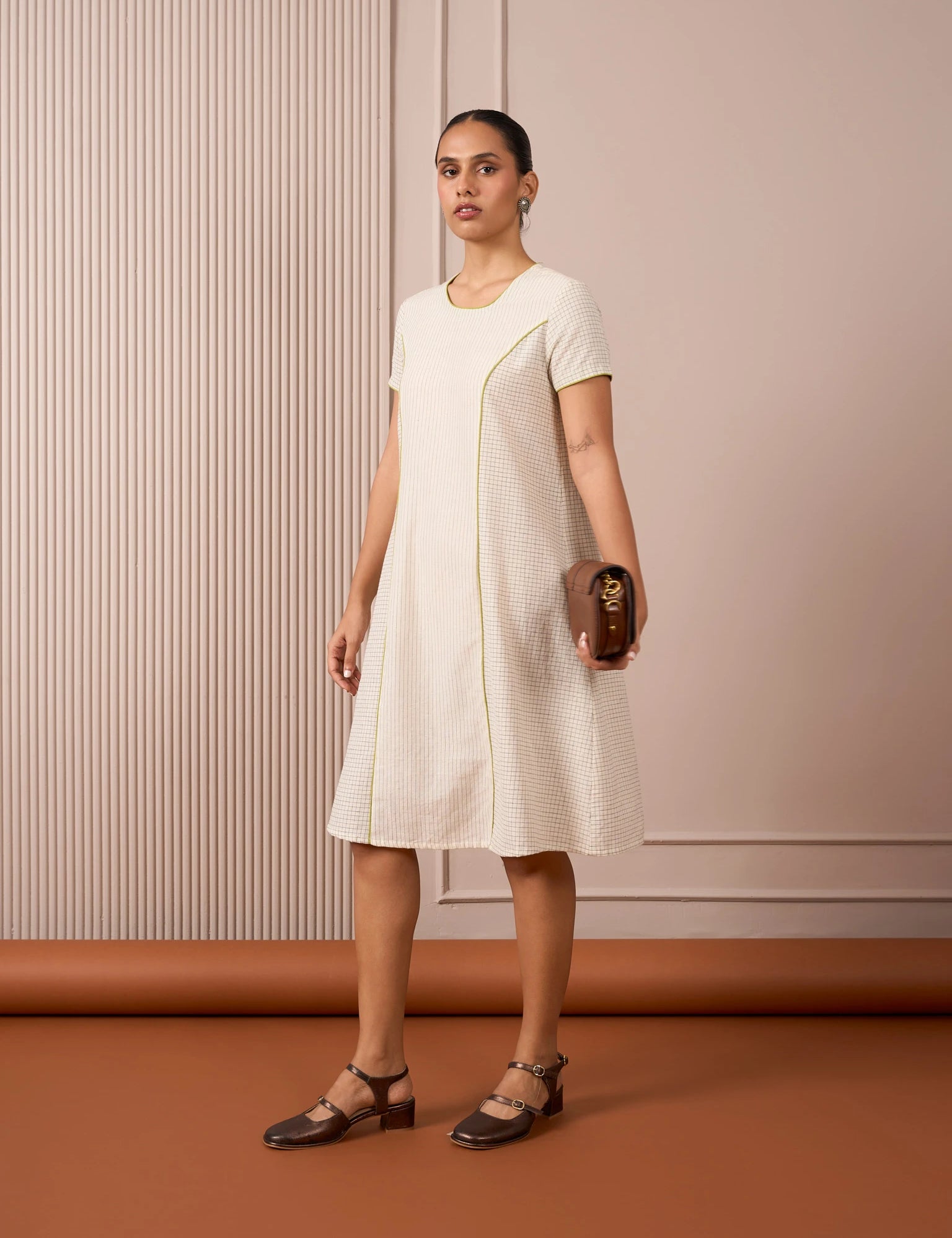 Handloom Black & White Princess-Line Dress in Check and Stripe Weave