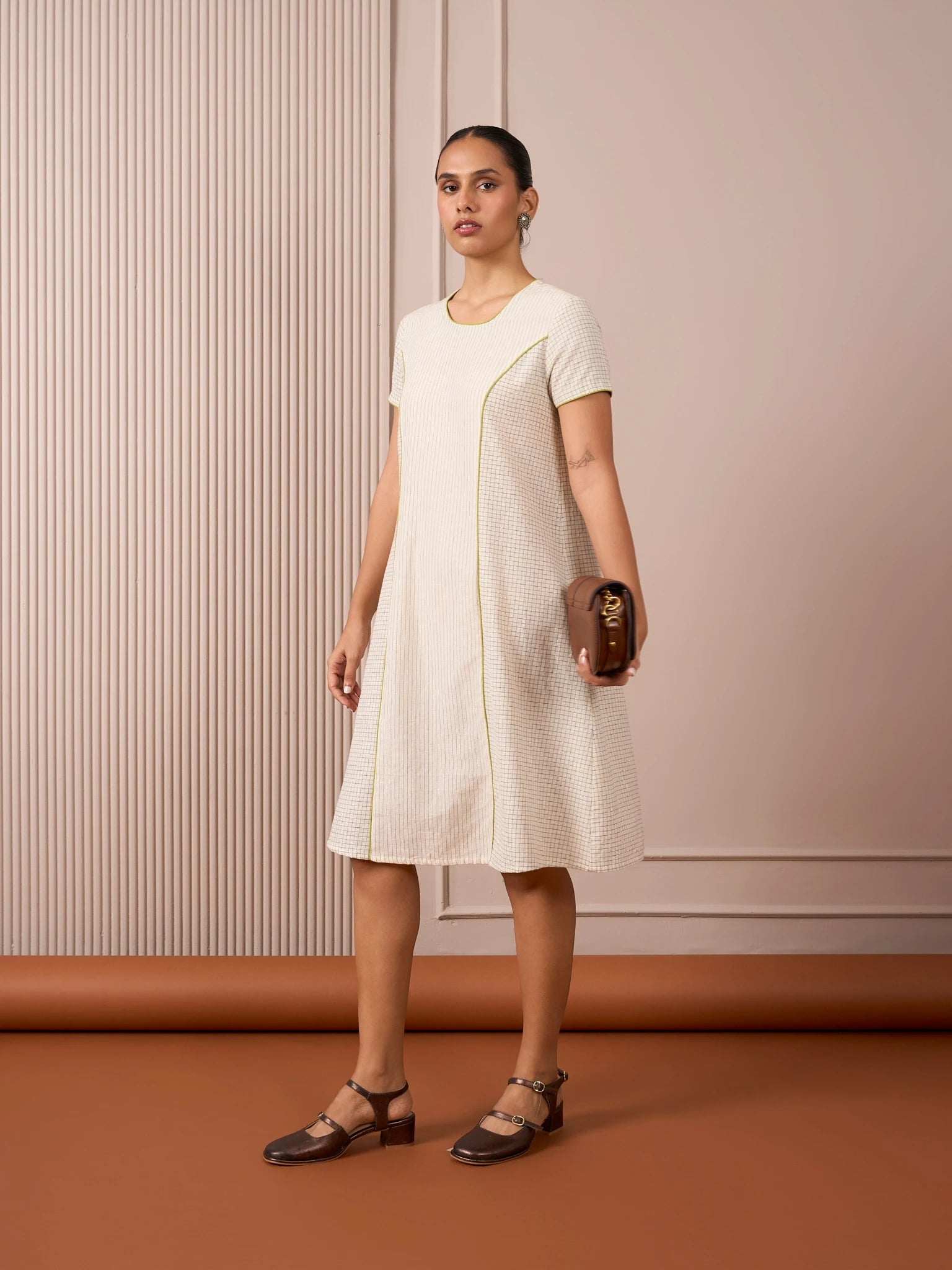 Handloom Black & White Princess-Line Dress in Check and Stripe Weave