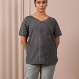 RA Studio Black & Grey Asymmetric Front-Open Tunic with Striped Panel and Contrast Piping