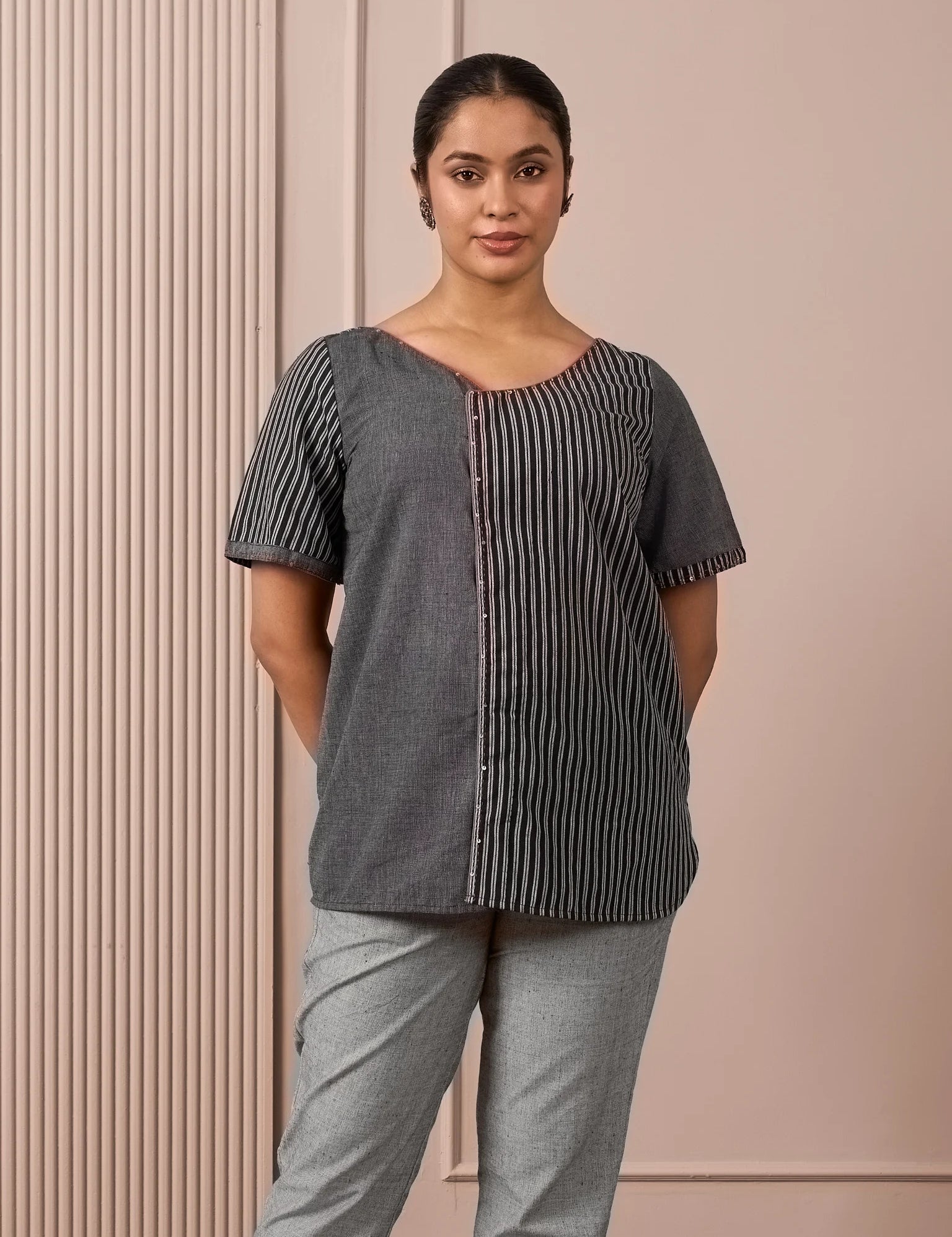 RA Studio Black & Grey Asymmetric Front-Open Tunic with Striped Panel and Contrast Piping