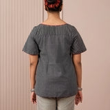 RA Studio Black & Grey Asymmetric Front-Open Tunic with Striped Panel and Contrast Piping
