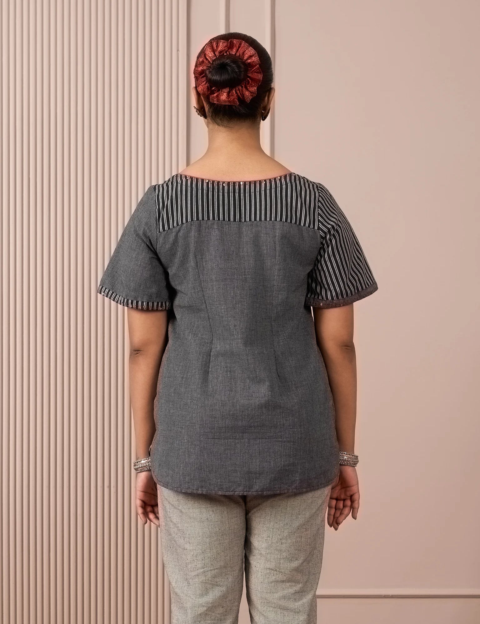 RA Studio Black & Grey Asymmetric Front-Open Tunic with Striped Panel and Contrast Piping