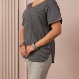 RA Studio Black & Grey Asymmetric Front-Open Tunic with Striped Panel and Contrast Piping