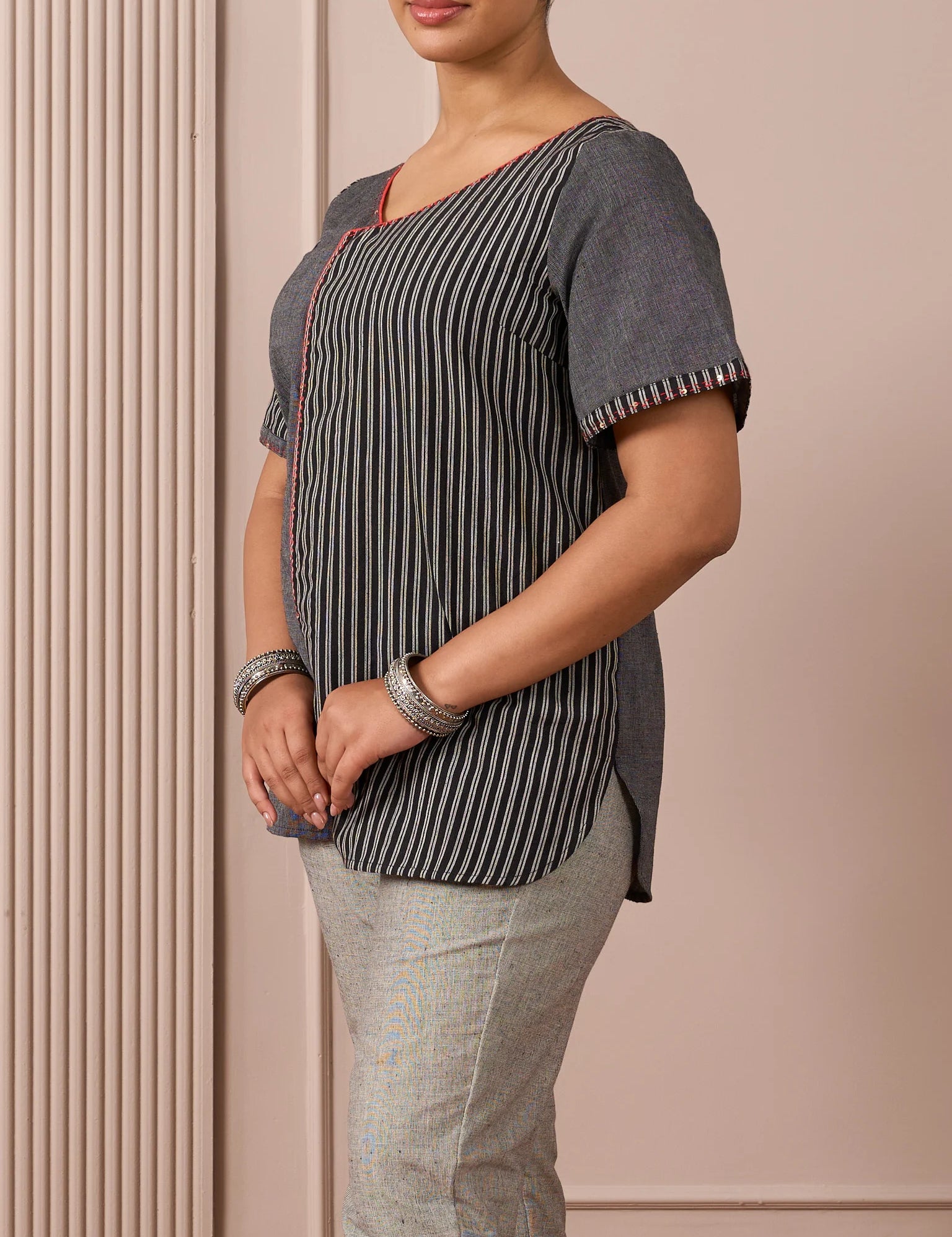 RA Studio Black & Grey Asymmetric Front-Open Tunic with Striped Panel and Contrast Piping