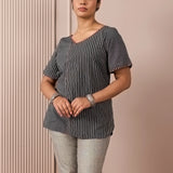 RA Studio Black & Grey Asymmetric Front-Open Tunic with Striped Panel and Contrast Piping