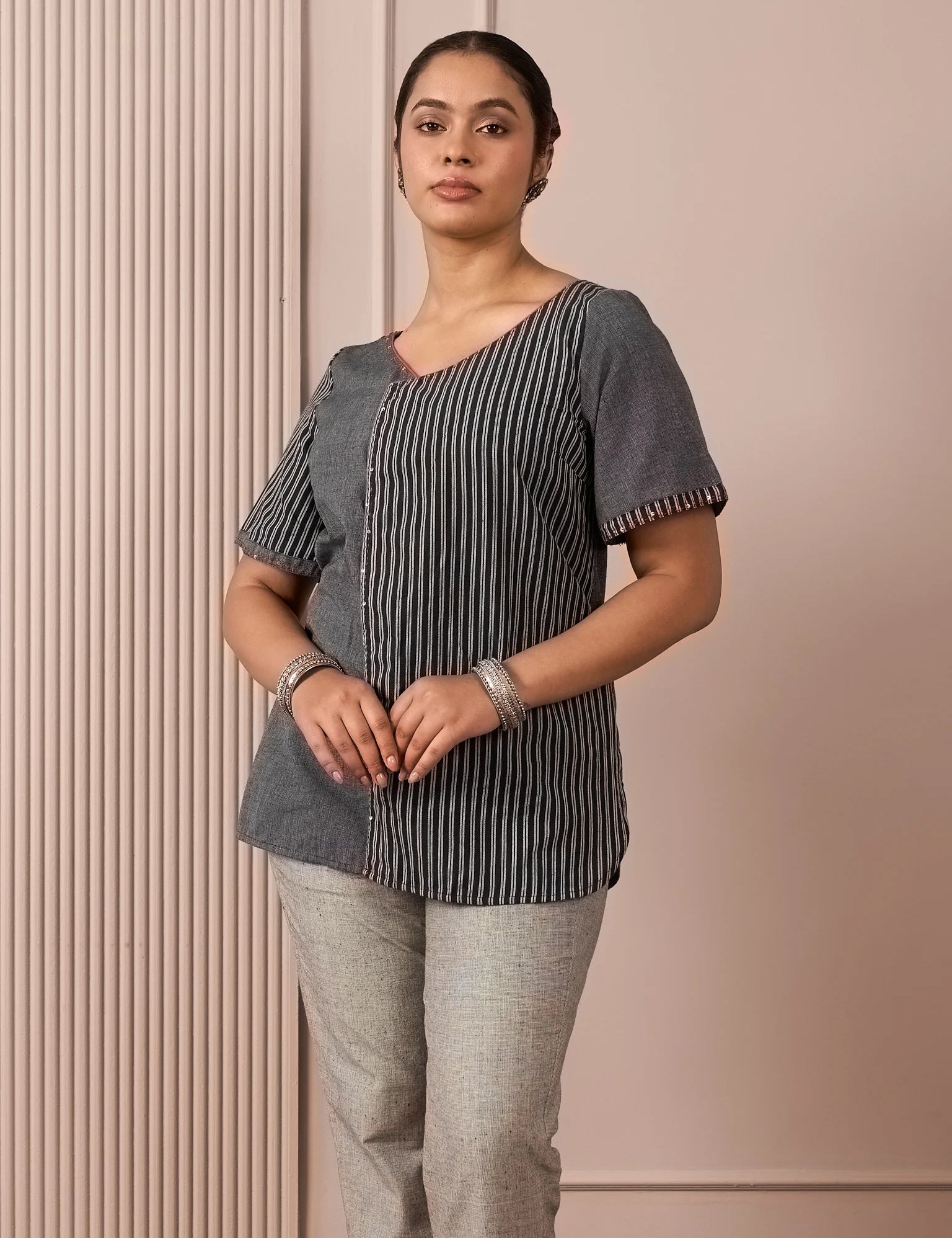 RA Studio Black & Grey Asymmetric Front-Open Tunic with Striped Panel and Contrast Piping
