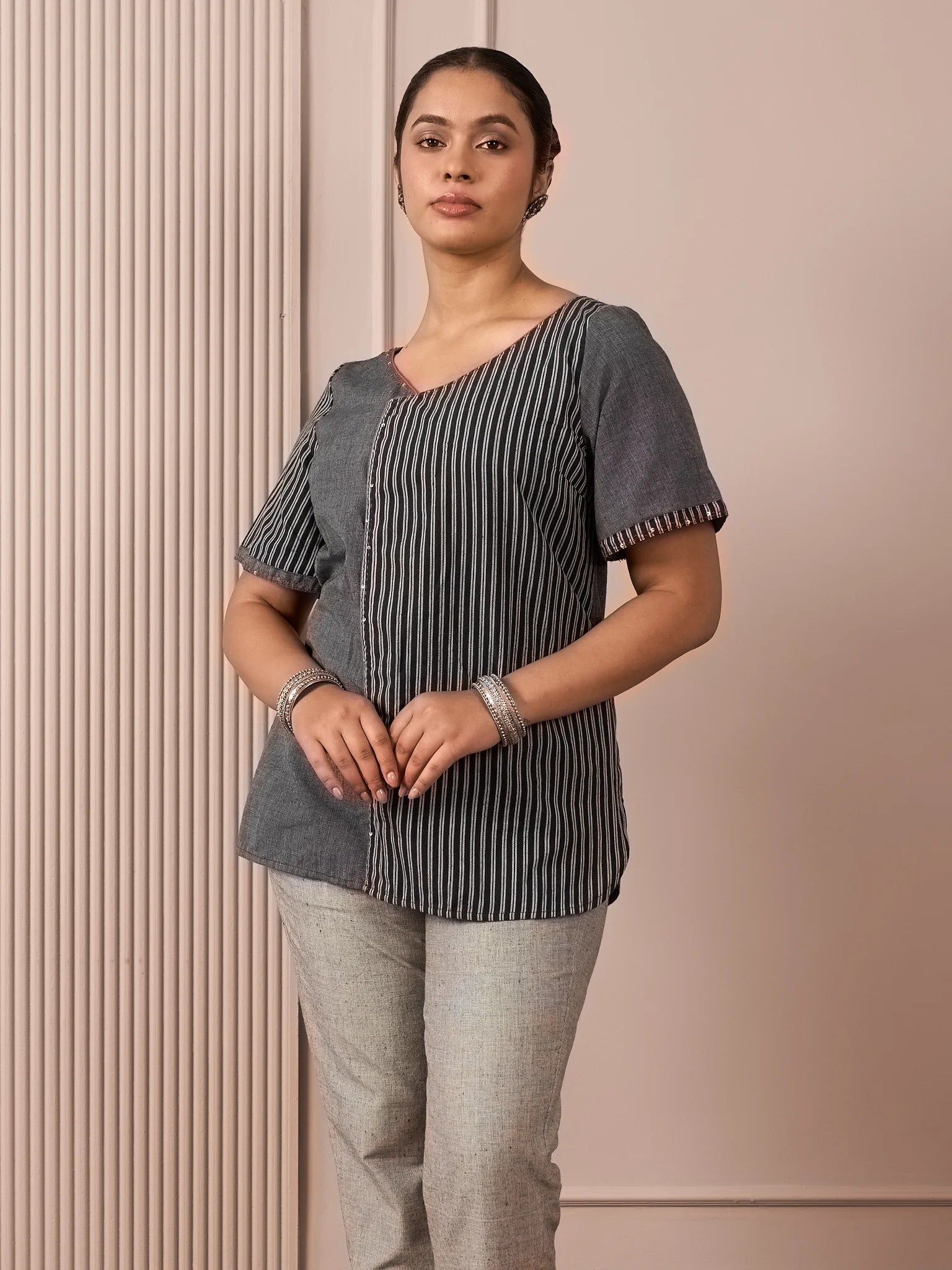 RA Studio Black & Grey Asymmetric Front-Open Tunic with Striped Panel and Contrast Piping