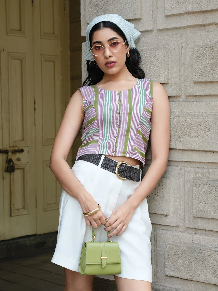 White Block Print Crop Top