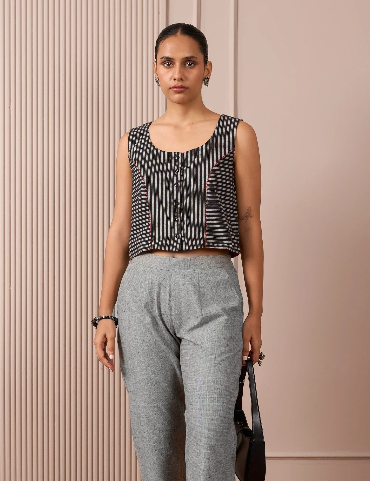 RA Studio Black & White Striped Sleeveless Crop Top with Red Piping
