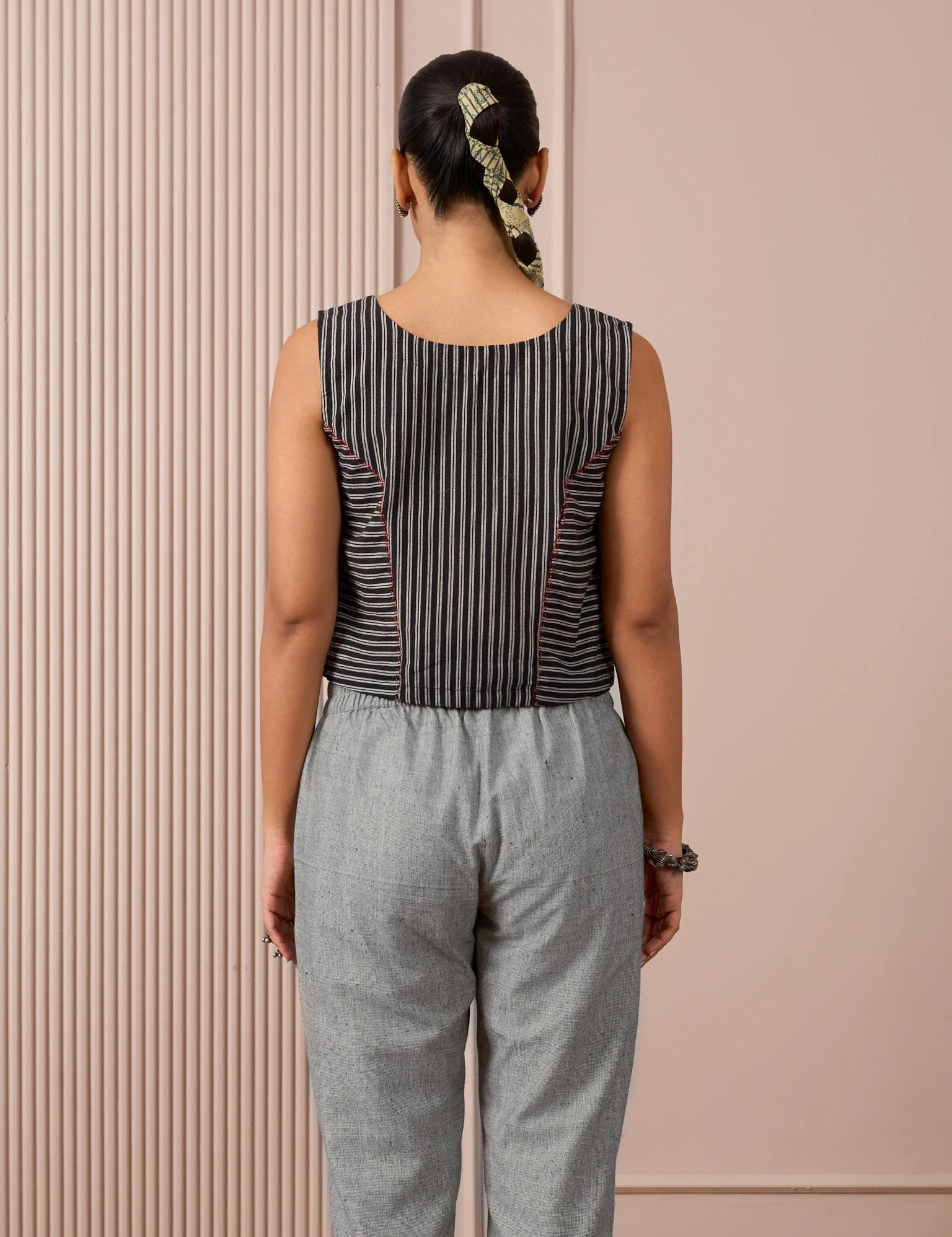 RA Studio Black & White Striped Sleeveless Crop Top with Red Piping