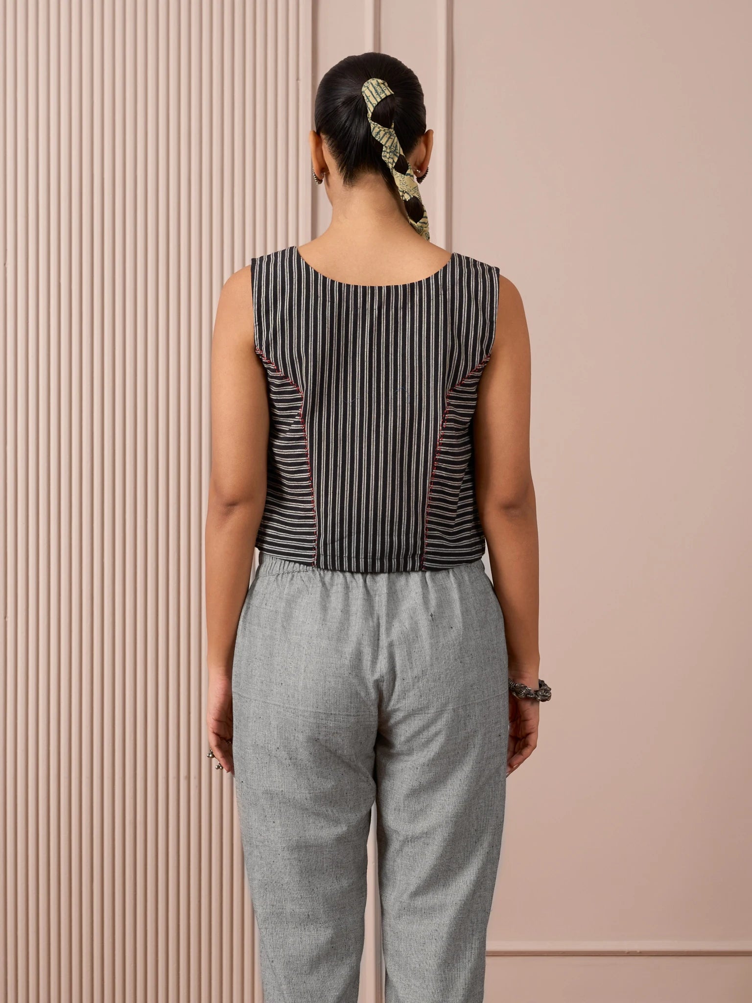 RA Studio Black & White Striped Sleeveless Crop Top with Red Piping