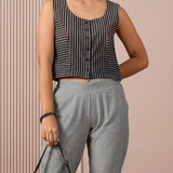 RA Studio Black & White Striped Sleeveless Crop Top with Red Piping