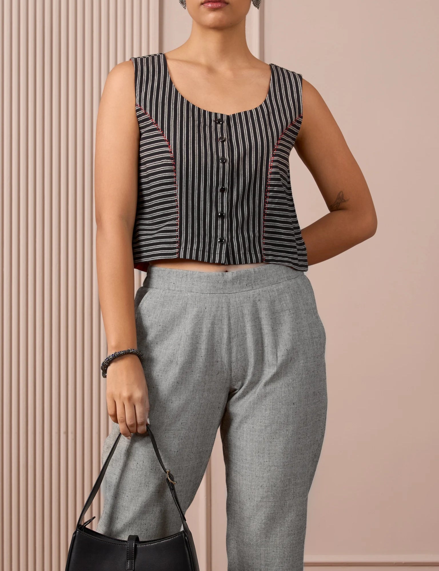 RA Studio Black & White Striped Sleeveless Crop Top with Red Piping