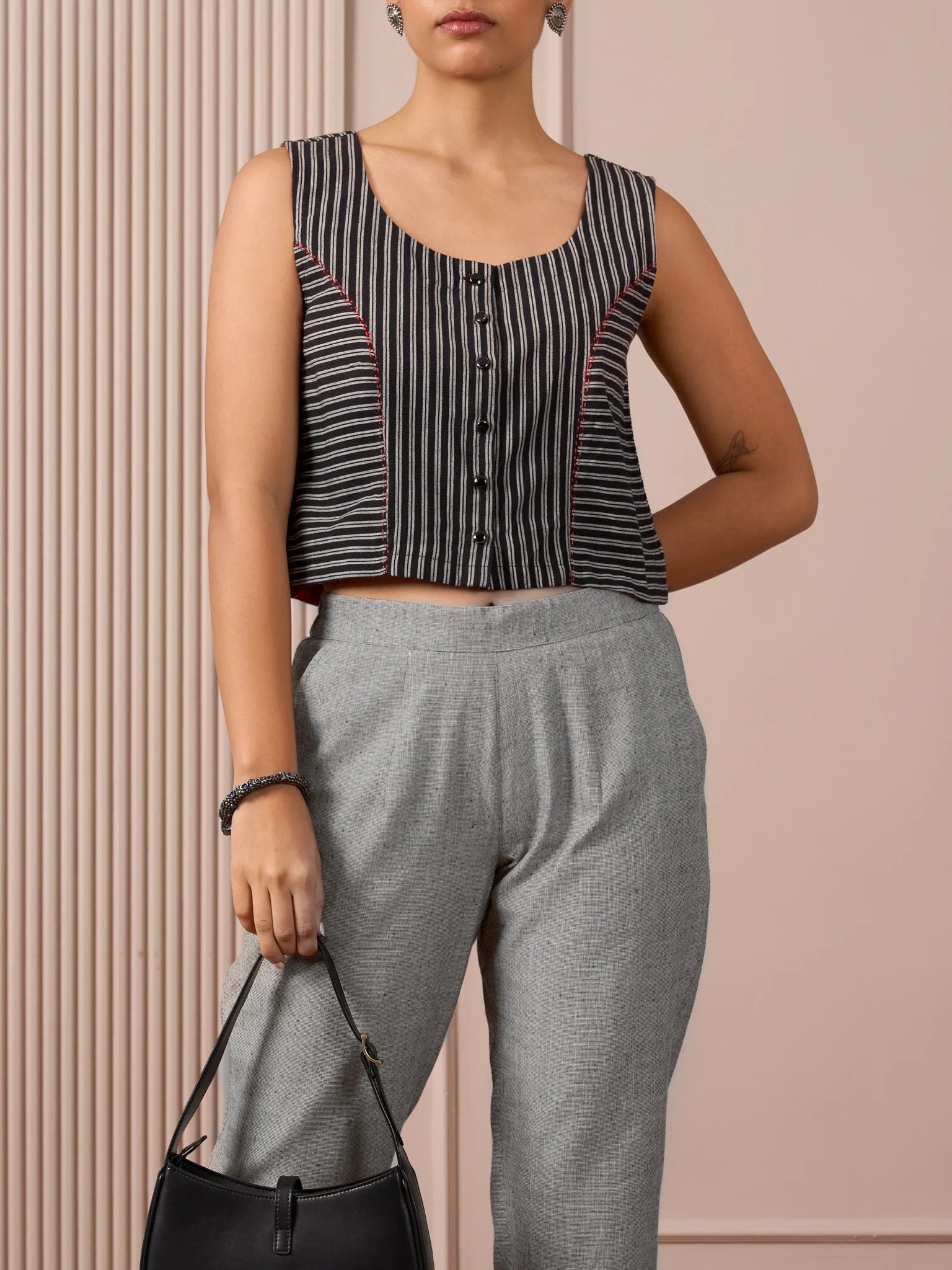 RA Studio Black & White Striped Sleeveless Crop Top with Red Piping