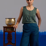 RA Studio Blue Base Zig-Zag Block Print Princess Line Sleeveless Crop Top with Front Buttons
