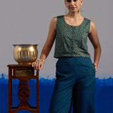 Blue zig-zag block print crop top and flared pant co-ord set