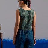 RA Studio Blue Base Zig-Zag Block Print Princess Line Sleeveless Crop Top with Front Buttons