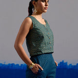 RA Studio Blue Base Zig-Zag Block Print Princess Line Sleeveless Crop Top with Front Buttons