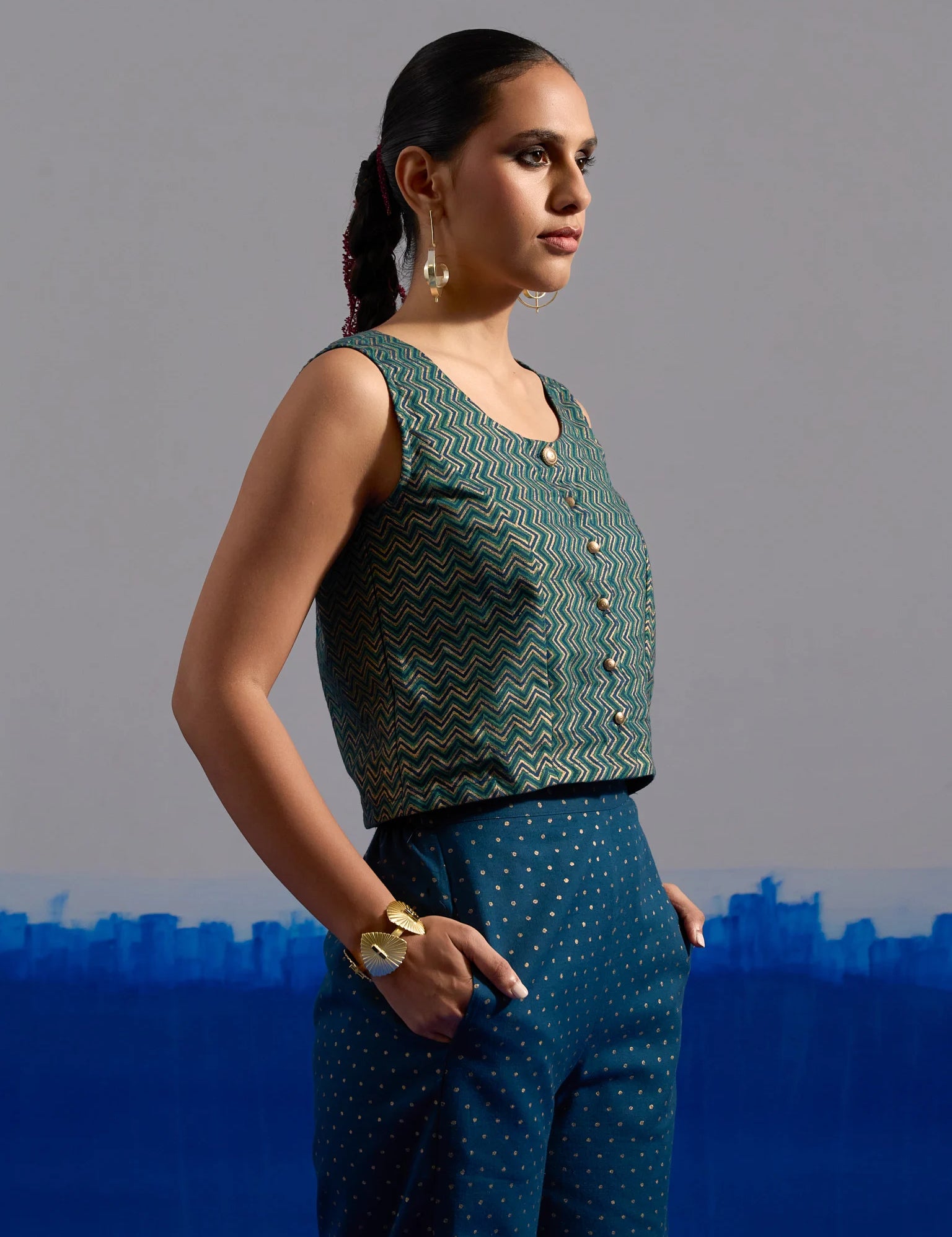 RA Studio Blue Base Zig-Zag Block Print Princess Line Sleeveless Crop Top with Front Buttons