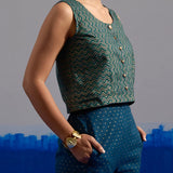 RA Studio Blue Base Zig-Zag Block Print Princess Line Sleeveless Crop Top with Front Buttons