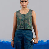 RA Studio Blue Base Zig-Zag Block Print Princess Line Sleeveless Crop Top with Front Buttons