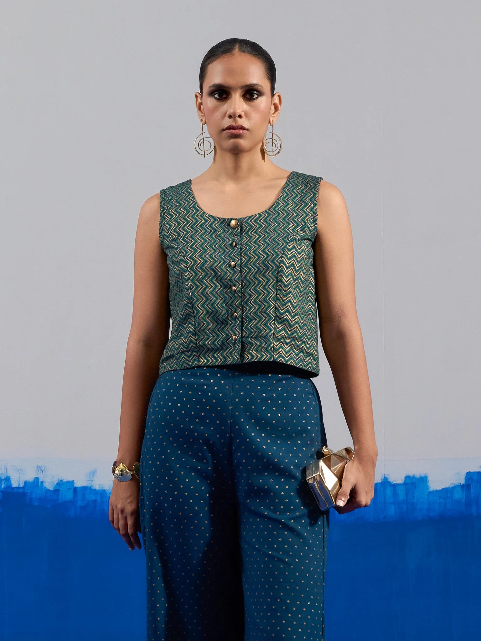 RA Studio Blue Base Zig-Zag Block Print Princess Line Sleeveless Crop Top with Front Buttons