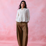 Ivory Khadi Pleated Button-Front Tunic with Hand-Embroidered Buttonholes