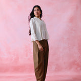 Ivory Khadi Pleated Button-Front Tunic with Hand-Embroidered Buttonholes