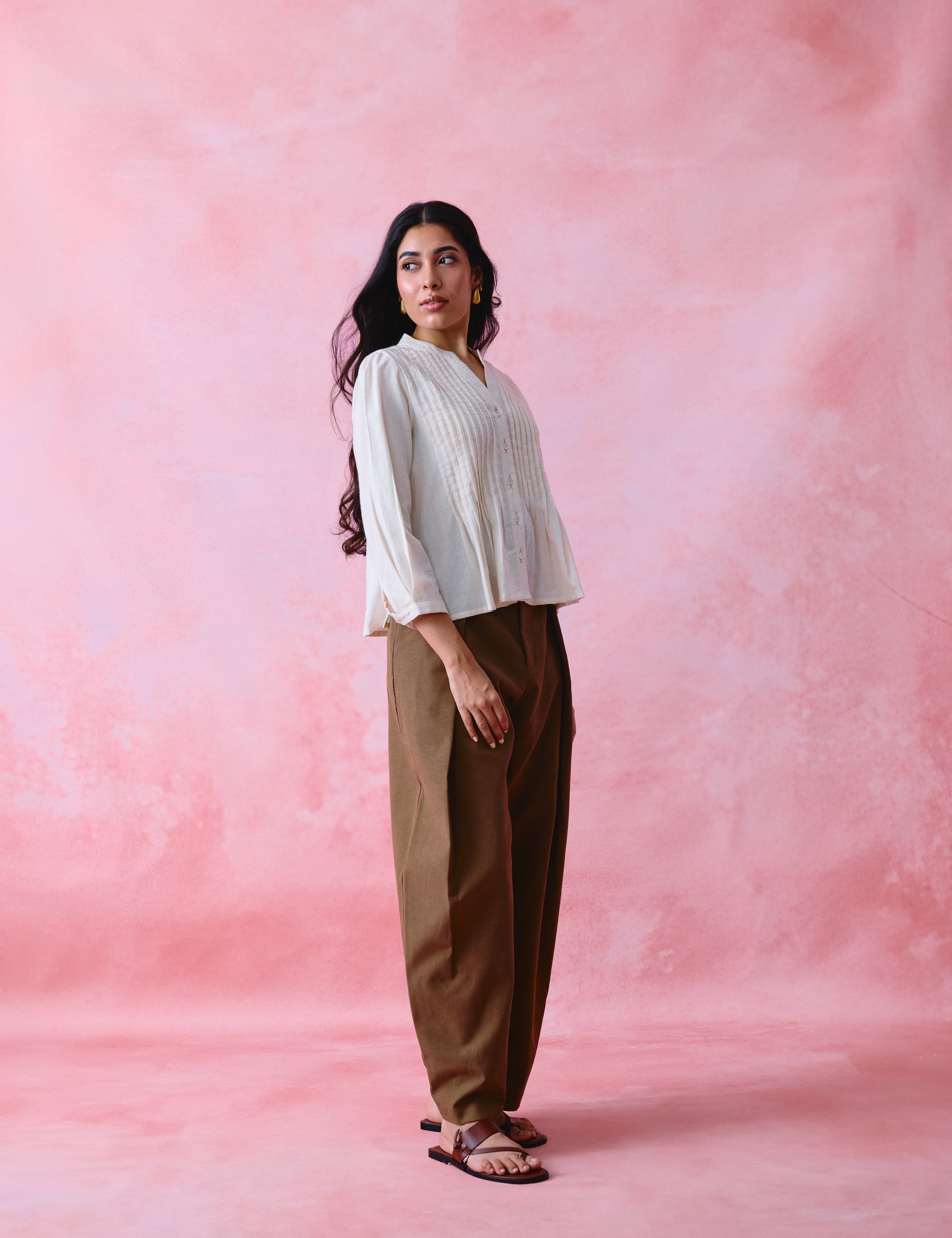 Ivory Khadi Pleated Button-Front Tunic with Hand-Embroidered Buttonholes