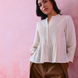 Ivory Khadi Pleated Button-Front Tunic with Hand-Embroidered Buttonholes