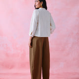 Ivory Khadi Pleated Button-Front Tunic with Hand-Embroidered Buttonholes