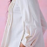 Ivory Khadi Pleated Button-Front Tunic with Hand-Embroidered Buttonholes