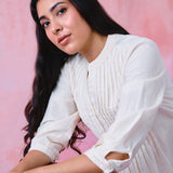 Ivory Khadi Pleated Button-Front Tunic with Hand-Embroidered Buttonholes