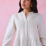 Ivory Khadi Pleated Button-Front Tunic with Hand-Embroidered Buttonholes