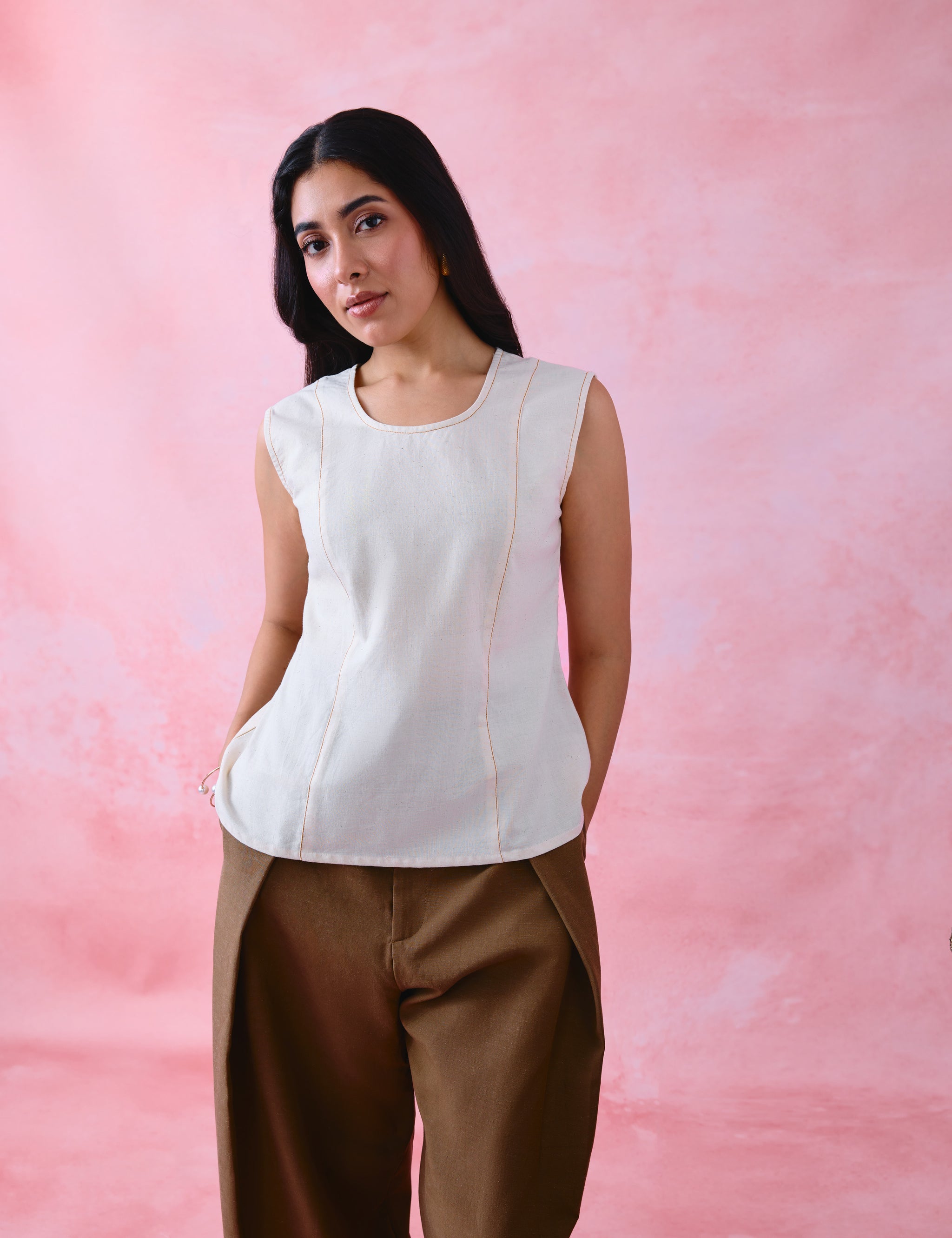 Ivory Khadi Sleeveless Princess-Line Short Tunic