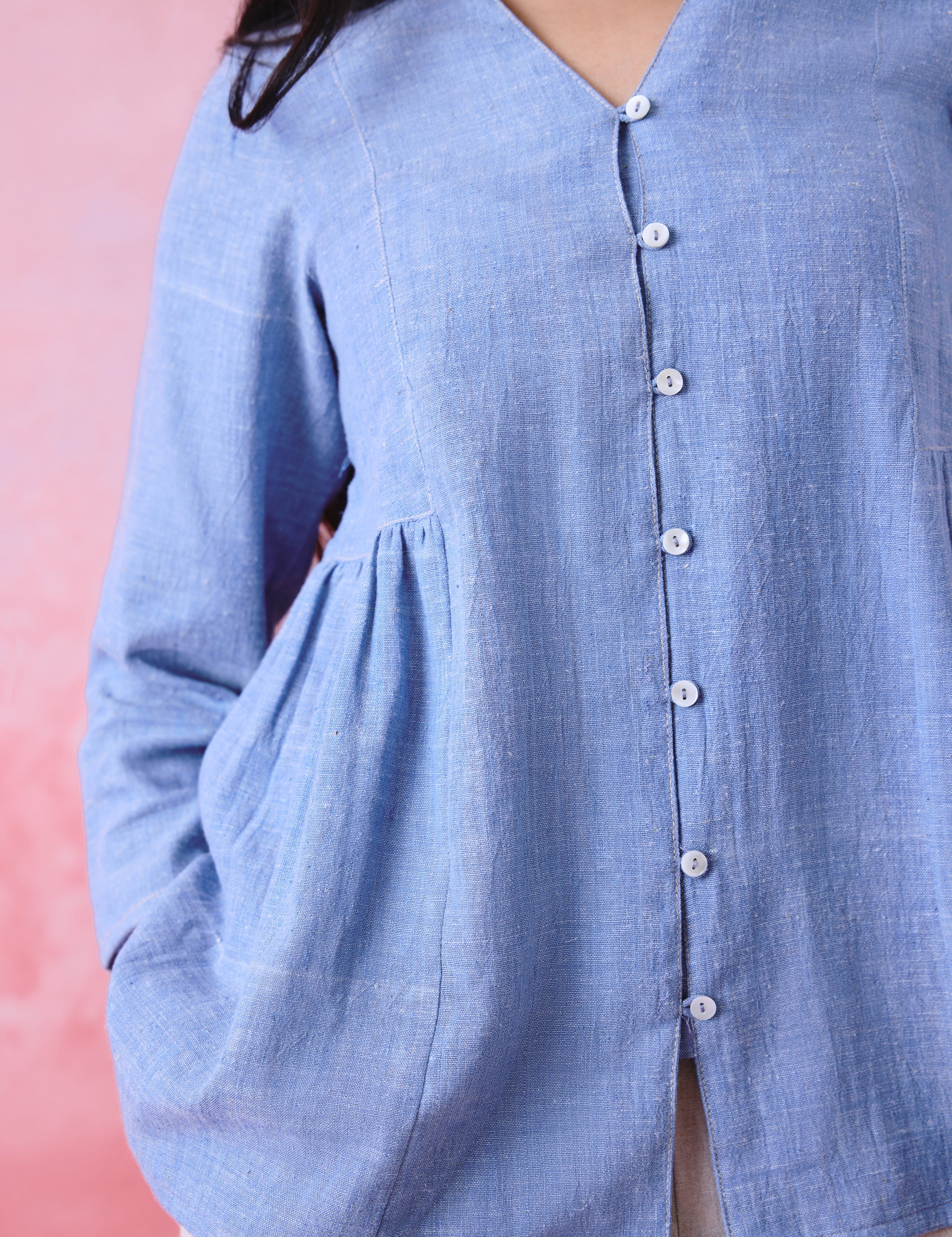 Soft Blue Crinkled Khadi Side-Gathered Relaxed Tunic