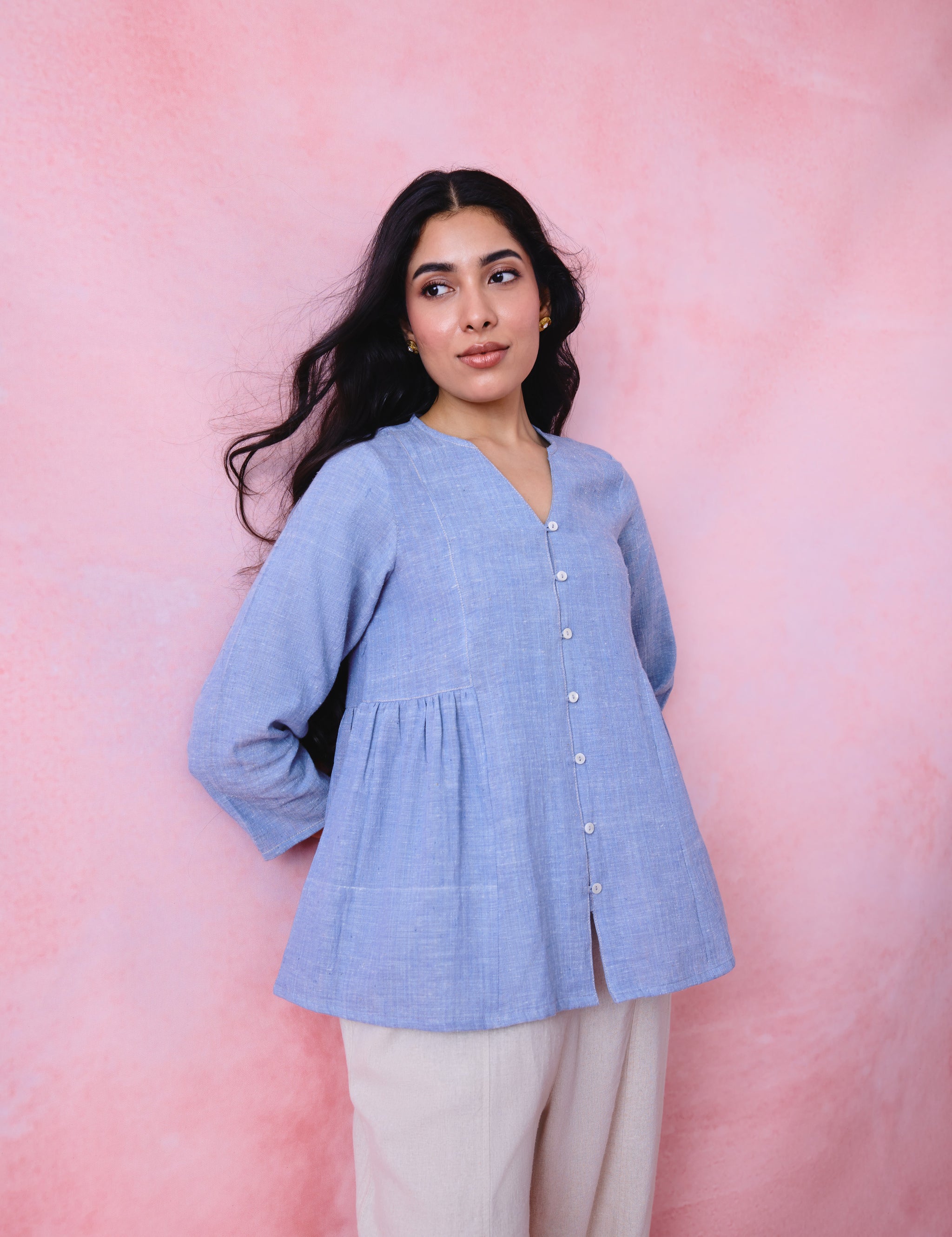 Soft Blue Crinkled Khadi Side-Gathered Relaxed Tunic