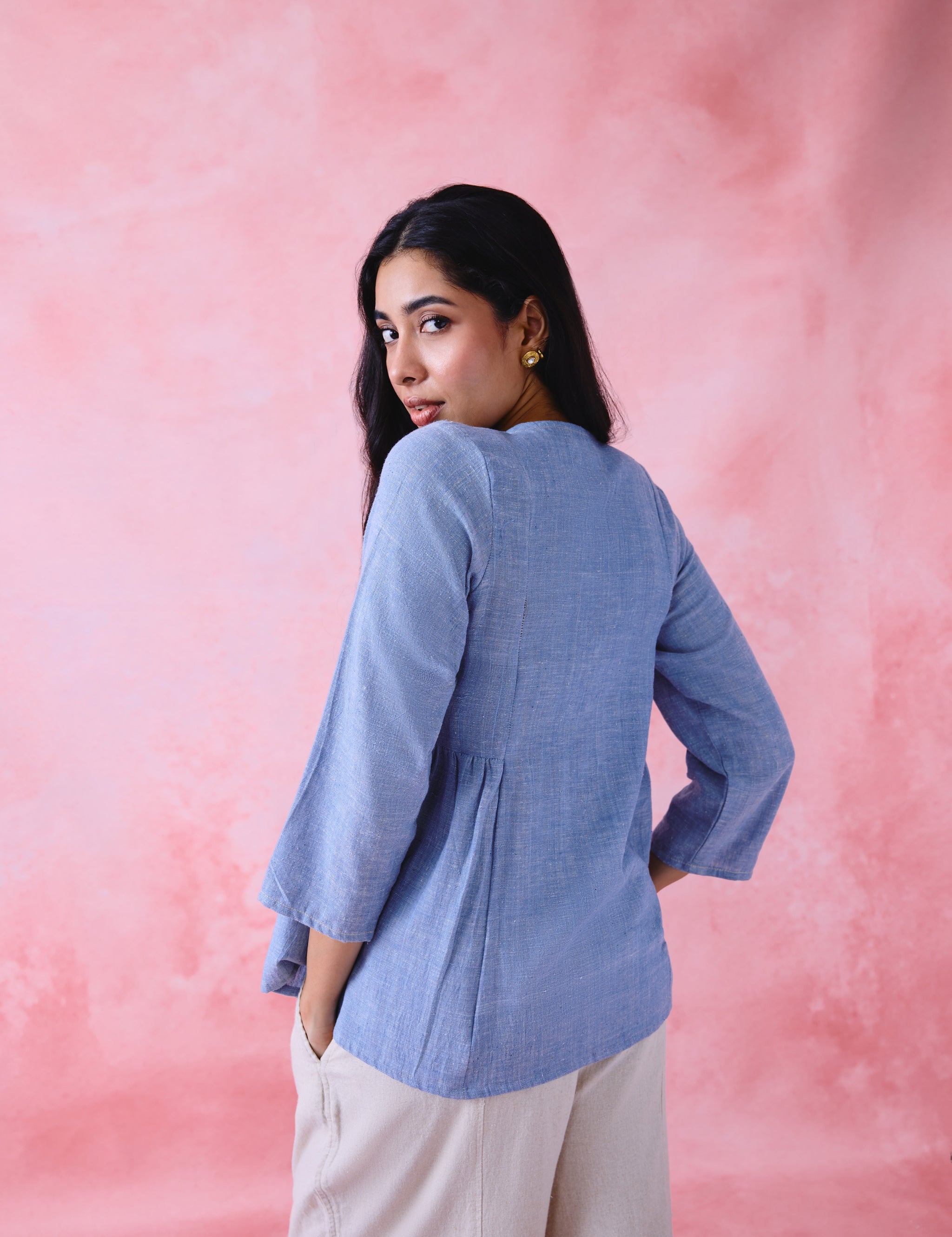 Soft Blue Crinkled Khadi Side-Gathered Relaxed Tunic
