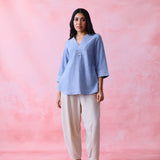 Soft Blue Crinkled Khadi V-Neck Tunic with Hand-Embroidered Bell Detail