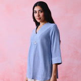 Soft Blue Crinkled Khadi V-Neck Tunic with Hand-Embroidered Bell Detail