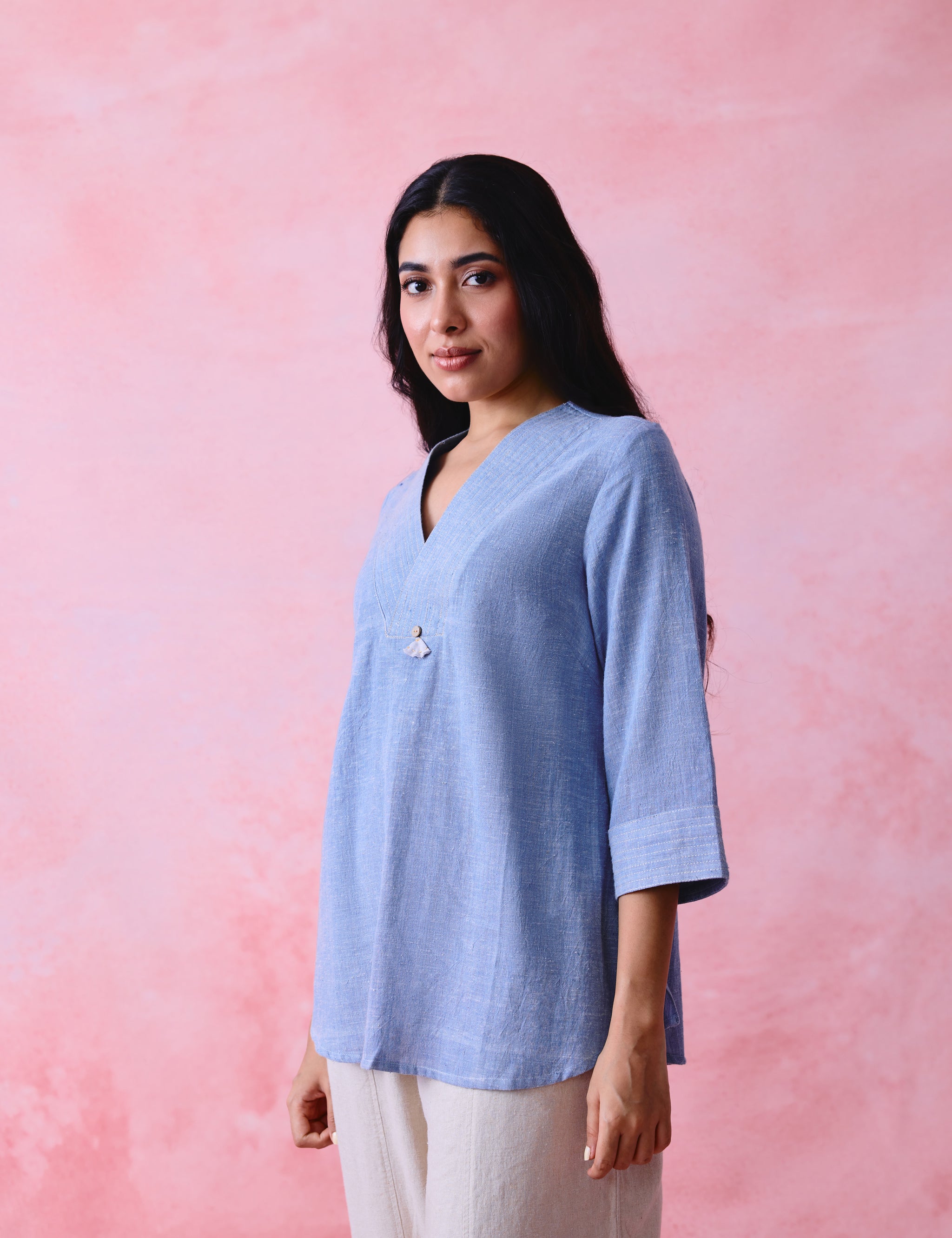Soft Blue Crinkled Khadi V-Neck Tunic with Hand-Embroidered Bell Detail