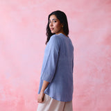 Soft Blue Crinkled Khadi V-Neck Tunic with Hand-Embroidered Bell Detail