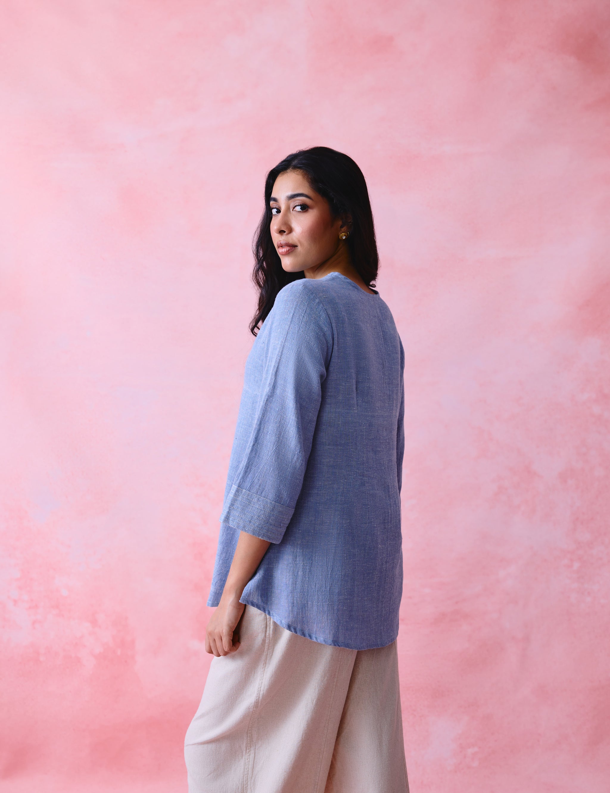 Soft Blue Crinkled Khadi V-Neck Tunic with Hand-Embroidered Bell Detail