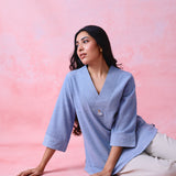 Soft Blue Crinkled Khadi V-Neck Tunic with Hand-Embroidered Bell Detail