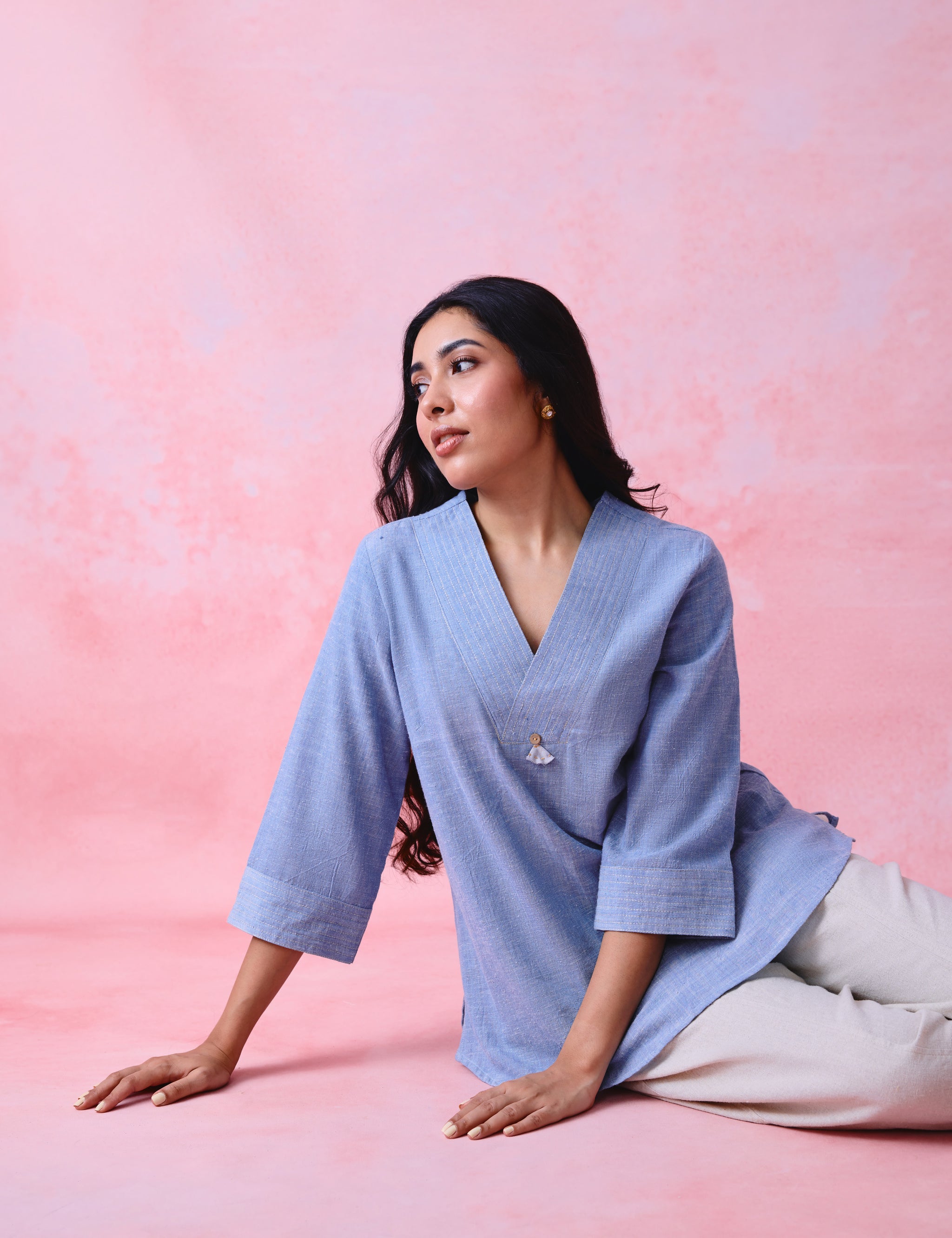 Soft Blue Crinkled Khadi V-Neck Tunic with Hand-Embroidered Bell Detail