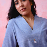 Soft Blue Crinkled Khadi V-Neck Tunic with Hand-Embroidered Bell Detail