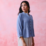 Soft Blue Khadi Pleated Button-Front Tunic with Hand-Embroidered Buttonholes