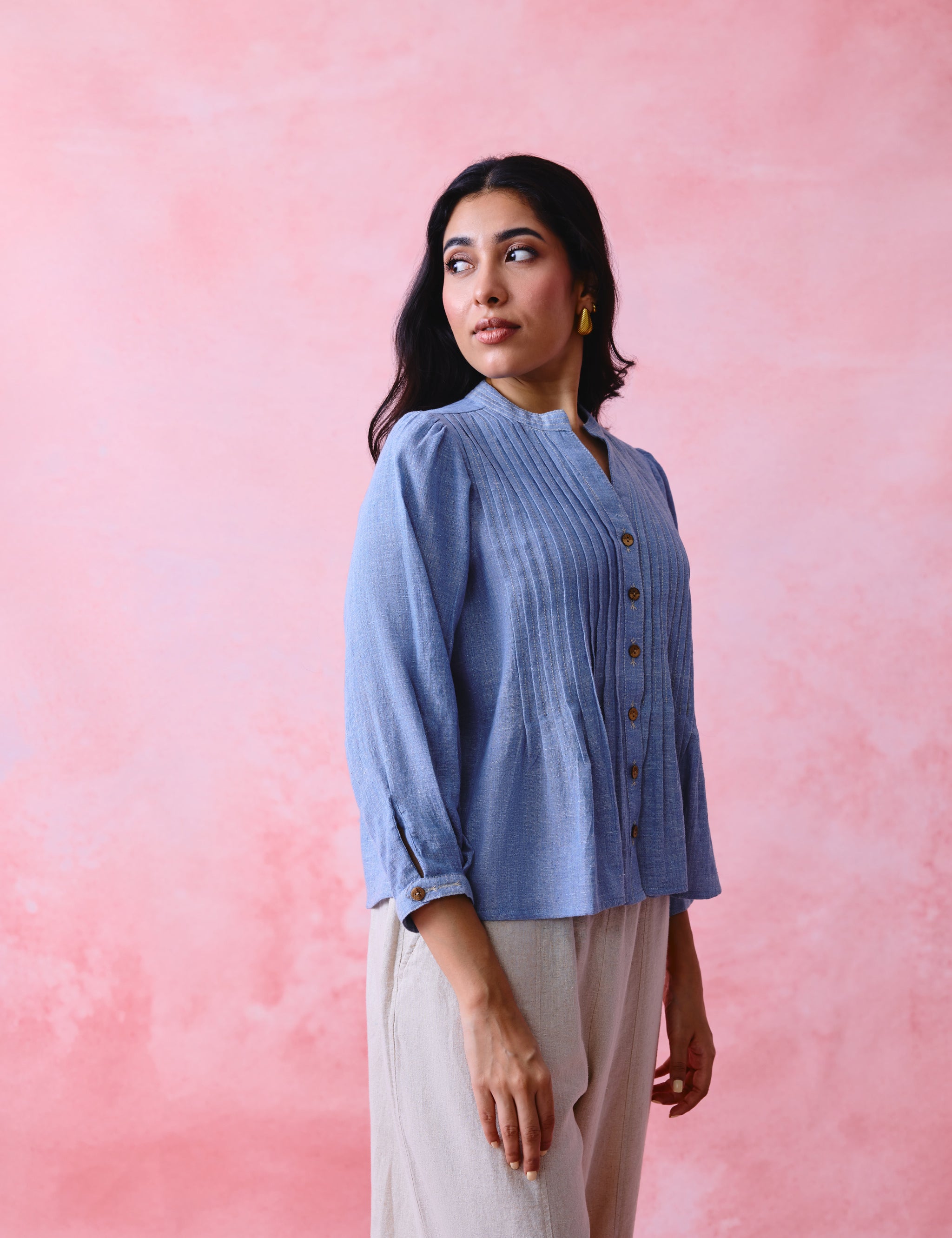 Soft Blue Khadi Pleated Button-Front Tunic with Hand-Embroidered Buttonholes