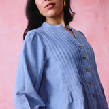 Soft Blue Khadi Pleated Button-Front Tunic with Hand-Embroidered Buttonholes